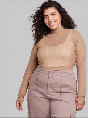 wild fable Nude Sheer Rhinestone Mock-Neck Long Sleeve Top Size XXL